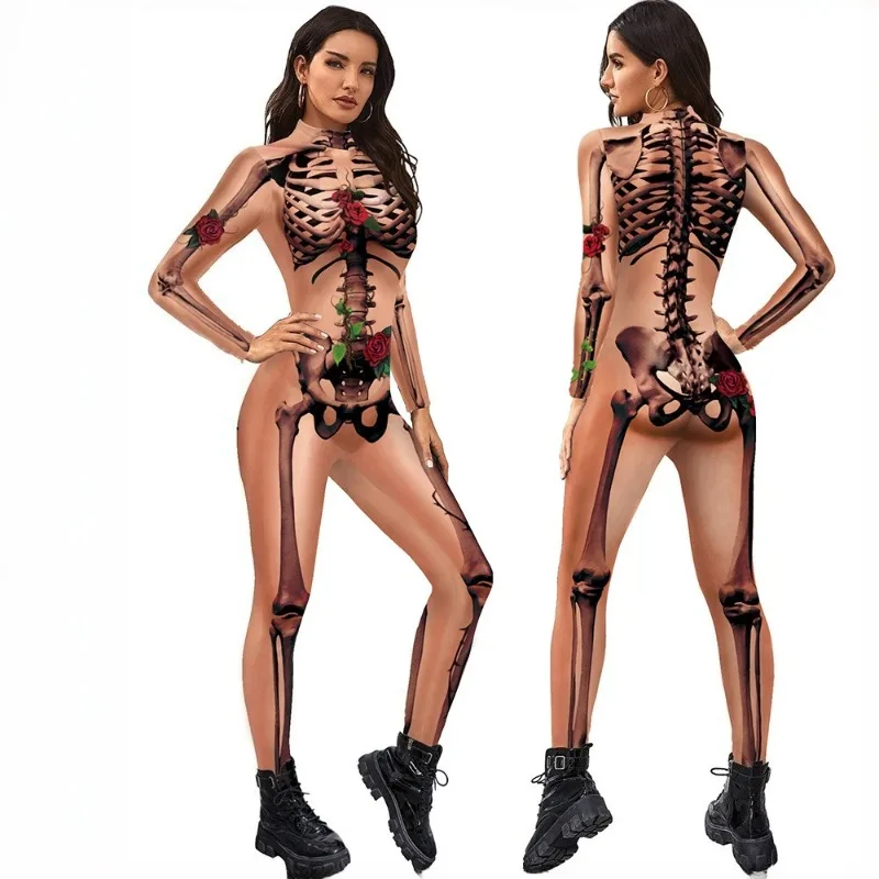 Halloween Skeleton Rose 3D Gedruckt Overall Erwachsene Enge Ganzkörper Kostüm Langarm Catsuit Cosplay Karneval Party Body