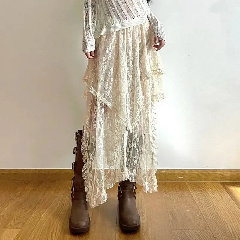 Lace Layered Skirt Vintage Y2K Boho Skirt Pants Fashion High Waist Asymmetrical A-line Skirt 2025 Korean Style Women's Clothing