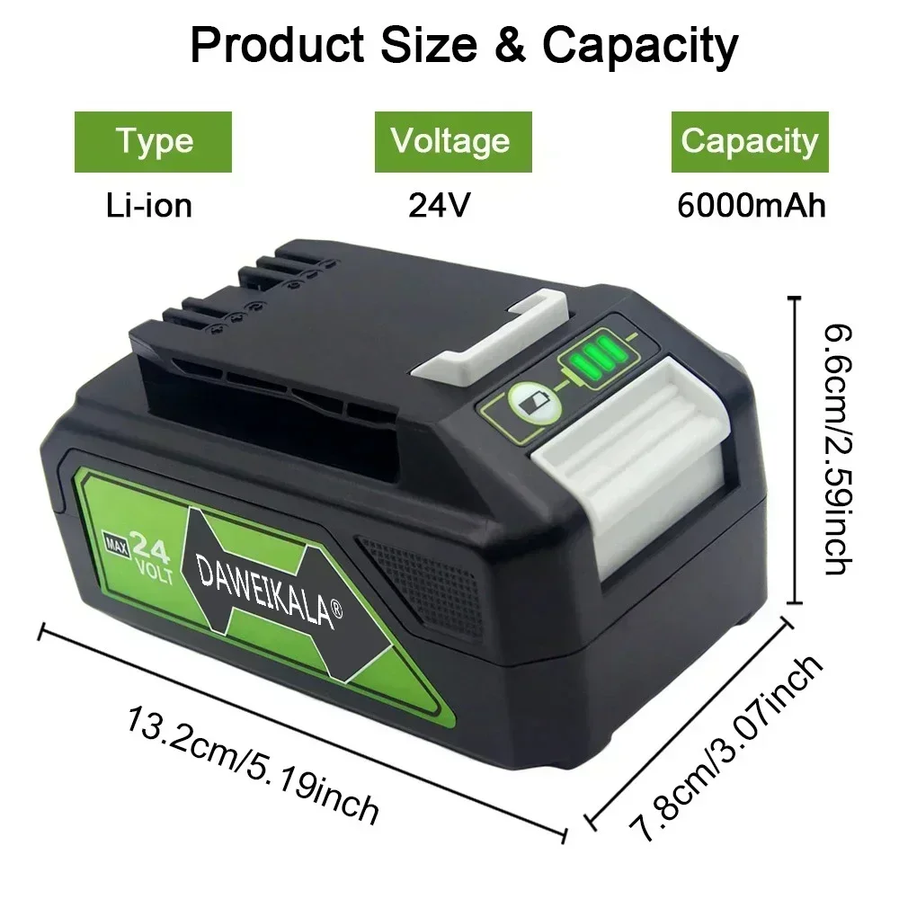 24V 6.0Ah Li-ion Rechargeable Battery for Greenworks 24V 48V Power Tools 29842 29852 29322 20362 MO24B410 MO48L4211