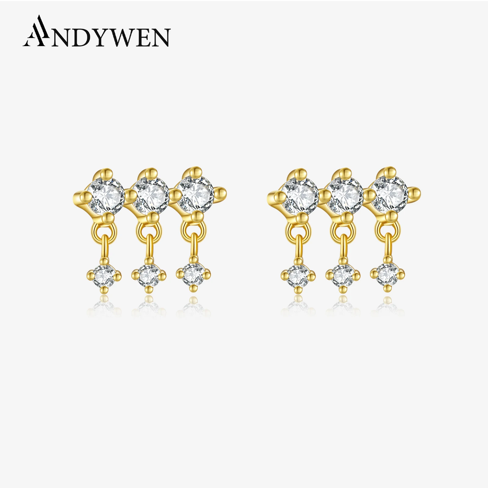 

ANDYWEN 925 Sterling Silver Gold Sol Three Luxury Delicate Fine CZ Zircon Drop Earring Clips Pendientes Women Jewelry Gift
