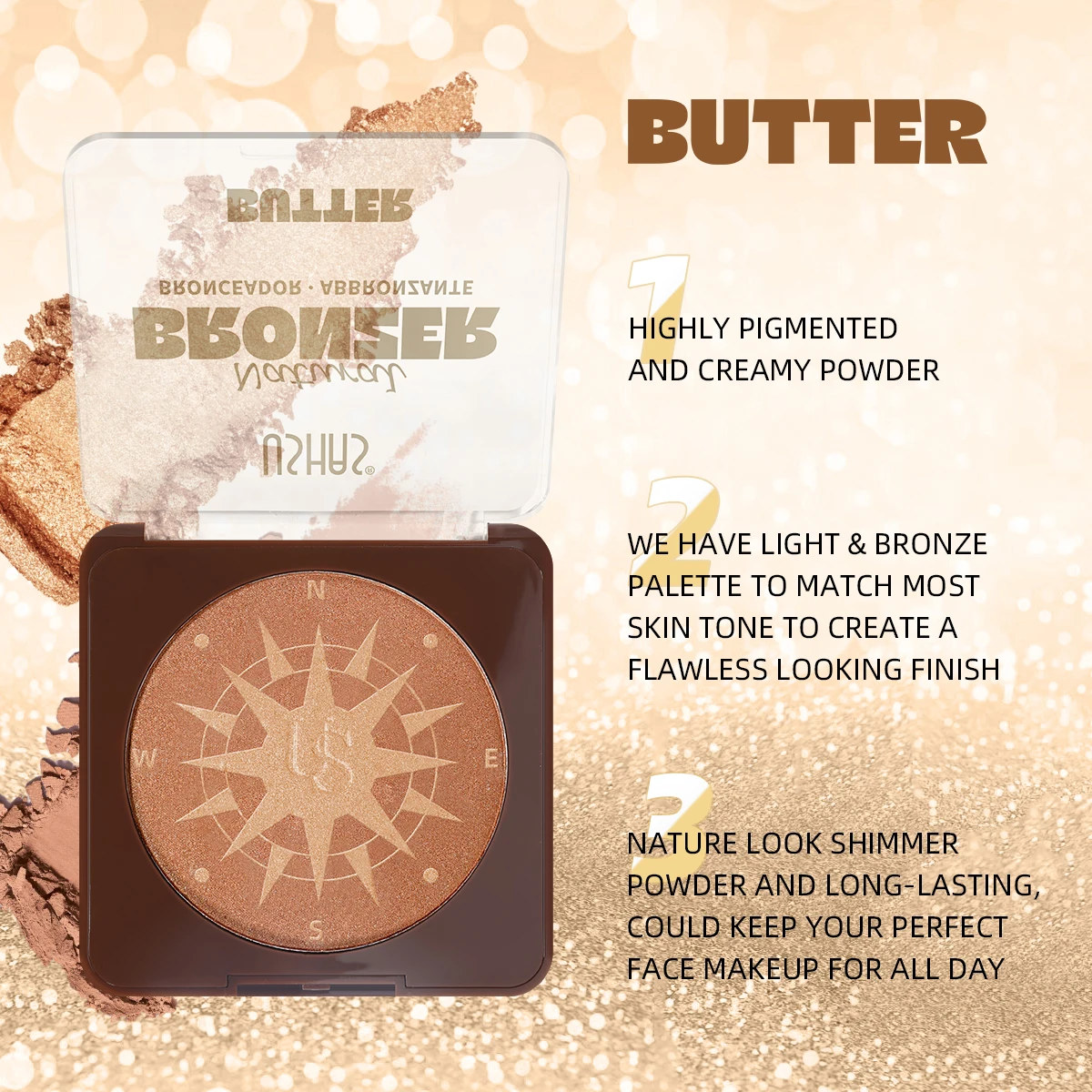 USHAS 하이라이터 파우더, 두 가지 색상, 자연스러운 광채, 고발색 및 지속력, 크림 포뮬러, 필수 아이템