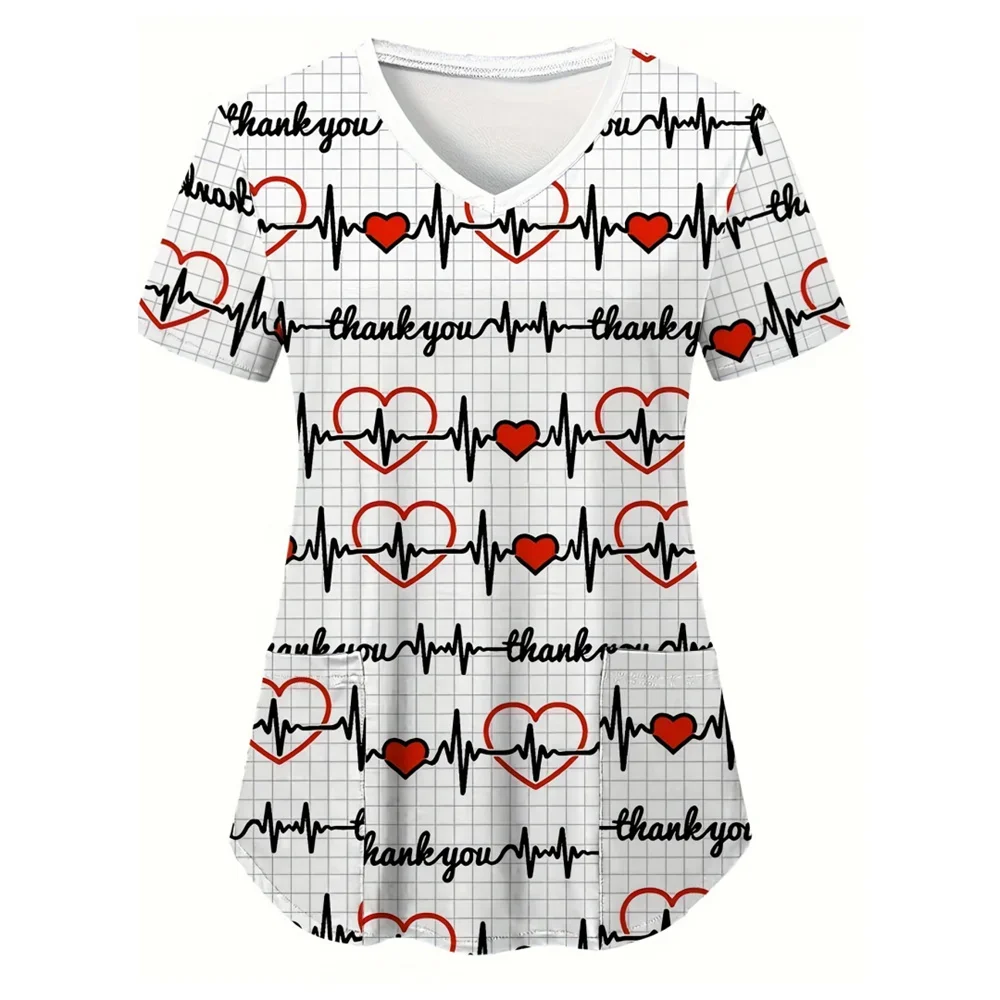 Ladies' Pocket V-neck Matte Protective Clothing with Love Theme 3D Printed Top, Pet Beauty Nurse, Spa Care Work Uniform