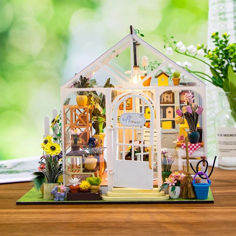 Kit de Casa de Muñecas en Miniatura DIY Sunlight Garden Greenhouse, Rompecabezas 3D de Madera con Luz LED, Modelo de Floristería