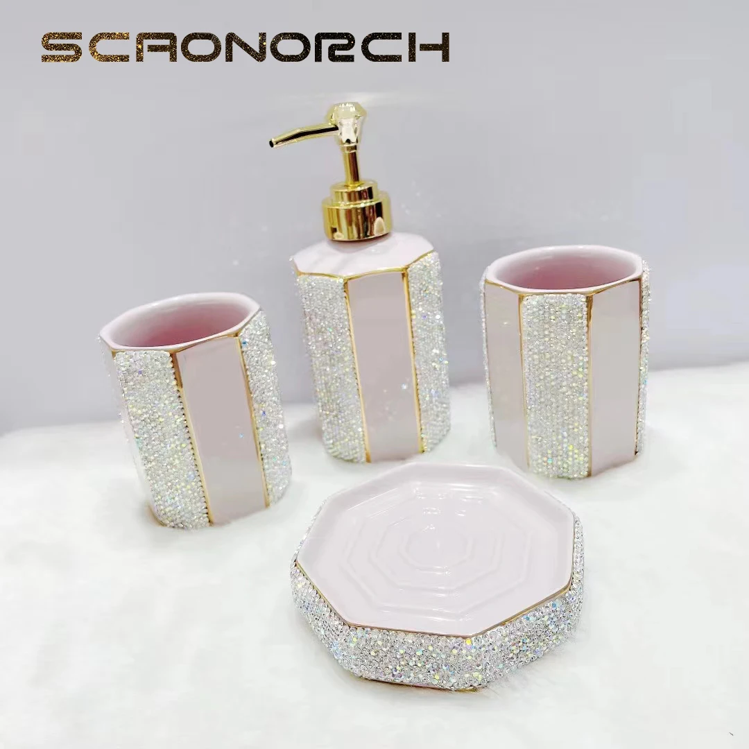 

4PCS Set Rhinestones Empty Lotion Bottle Liquid Soap Dispenser Pump Container Wash Cup Toothpaste Tooth Brush Organizers Ceramic