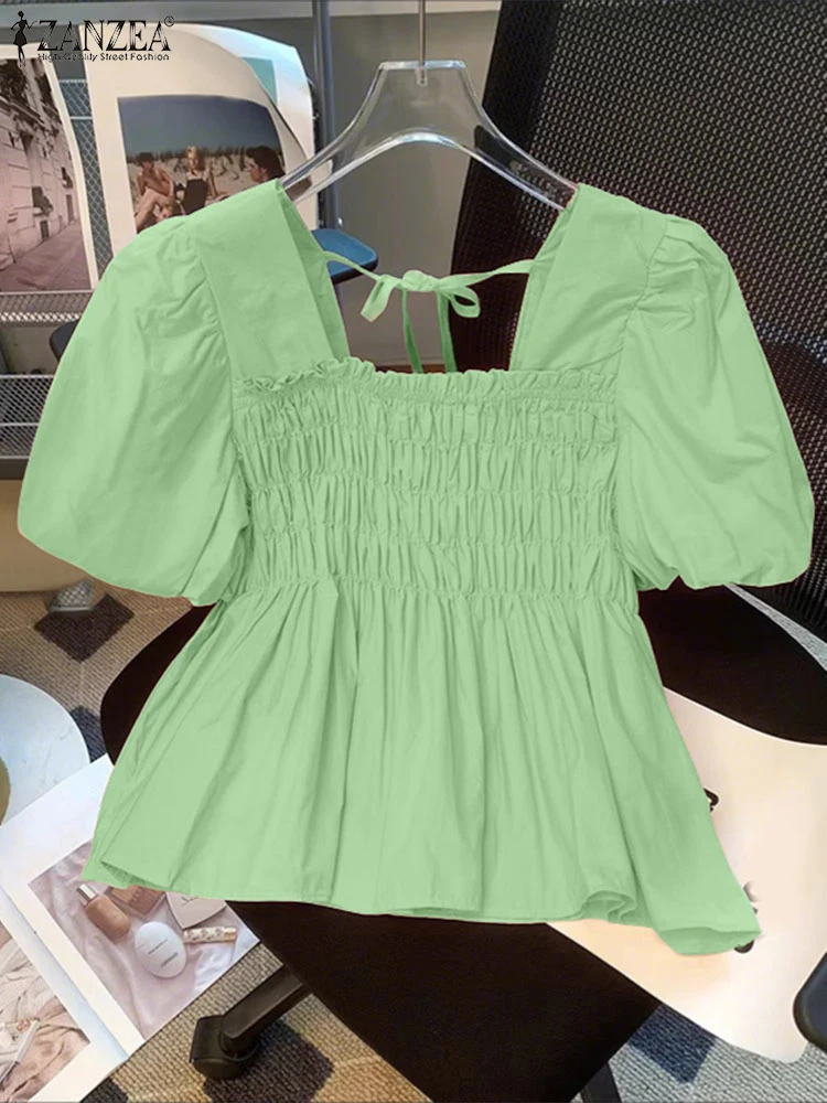 

ZANZEA Fashion Short Puff Sleeve Tops 2025 Women Pleated Blouse Square Collar Casual Solid Color Tunic Bohemian Beach Blusas