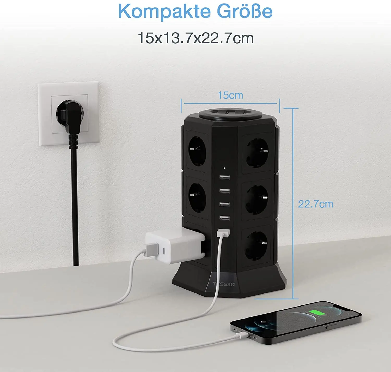 Imagem -02 - Tessan Tira de Energia Vertical Tomada da ue Torre com Tomadas ac Portas Usb 2m Cabo de Extensão Europeu Multi-tap Tomada Elétrica