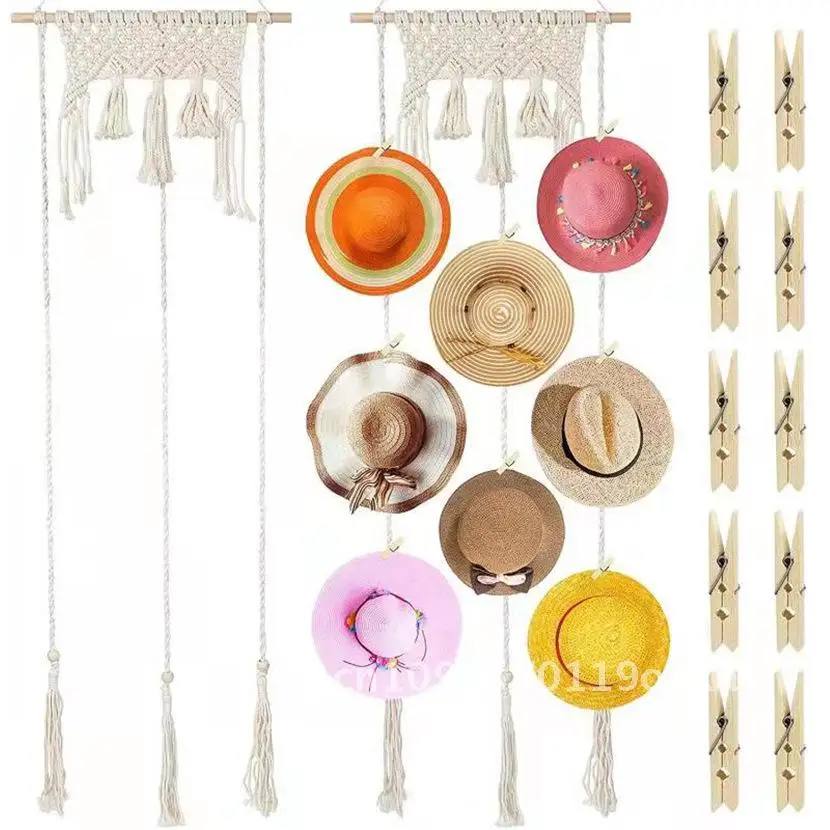 Nordic Style Hand-woven Cotton Tapestry Hat Rack Wall Hanger Pastoral Striped Design Hat Storage Decor for Living Room Bedroom