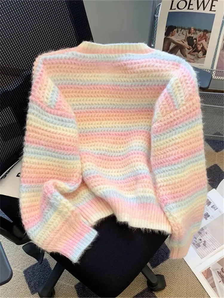 Rainbow Color Striped Soft Women's Sweater Korean Spring Autumn Long Sleeve All-match Knitted Pullovers Gentle Sweet Girl Tops