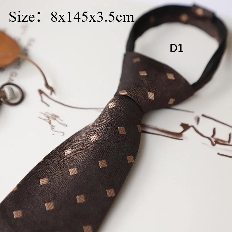 Vintage Coffee‑brown‑tone Pre‑tied Zipper Men Necktie, Convenient Italian‑style Polka‑dot Gentleman Tie, Formal Neck Accessory