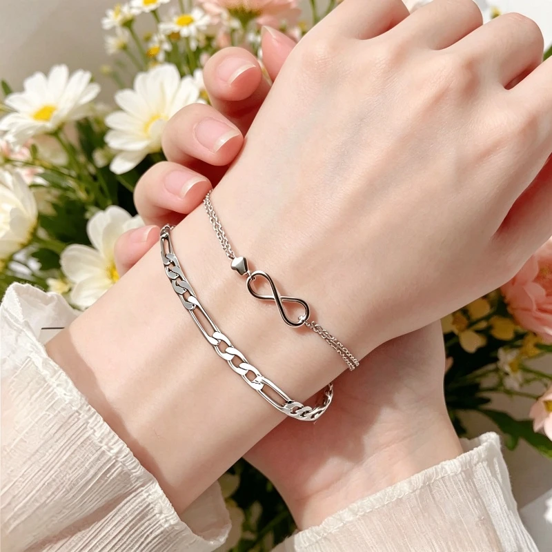 Silver Bracelet Set of 2 Pieces, Figaro Chain + Love Twist Eight, Stainless Steel Fashion, Wear for Many Occasions