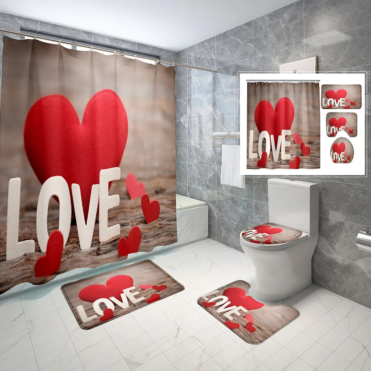 4 PCS  Hearts Love Shower Curtain Set Valentine Day Romantic Heart Shower Curtain Bathroom Non-Slip Bath Mat Toilet Cover