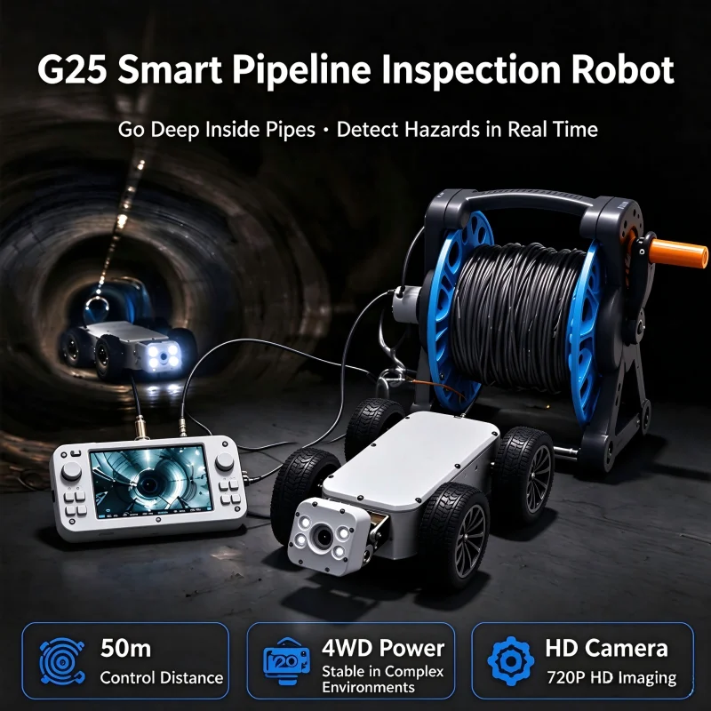 Pipeline Inspection Wired Video Car Movable Camera Industrial Vehicle RC Robot with 50m Cable 32G TF Card Inspection Robot Car