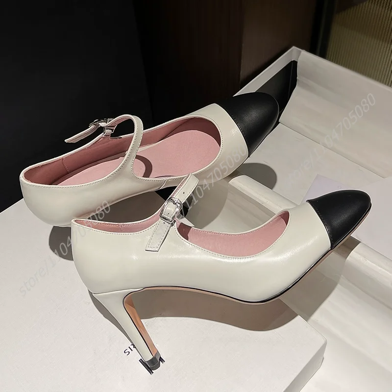 

Kitten Heels Pure White Leather Black Mixed Pump Summer Burgundy Low Stiletto Sandals Casual Ankle Buckle Patchwork Concise Shoe
