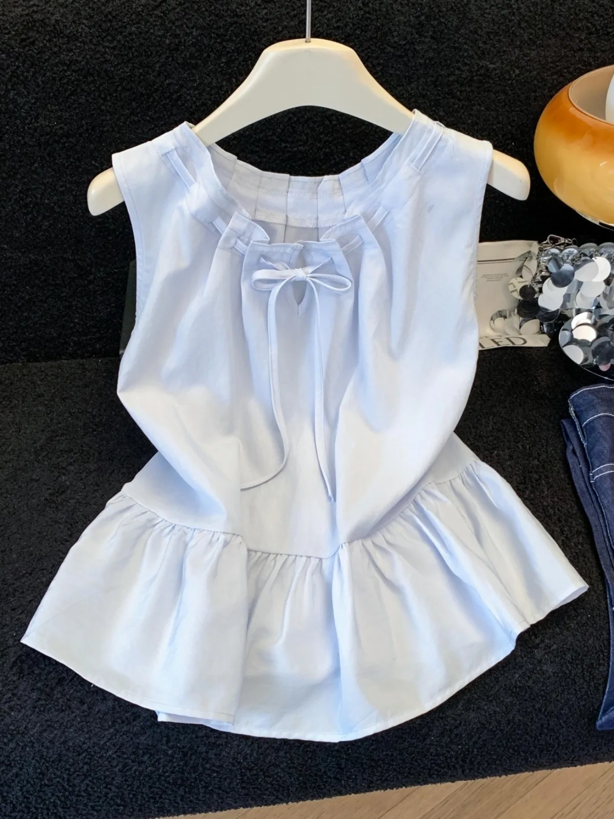 

Chic Pleated Sleeveless Korean Style Shirt Women's Small Size Summer Single Wear Anti-Aging Light Blue Lyocell Cotton Top