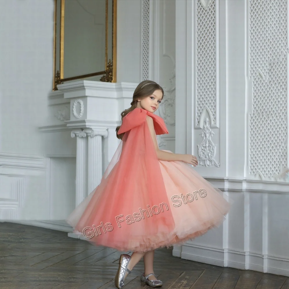 Vestido Formal de lavanda hinchada para niña, traje de flores de un hombro para fiesta de boda, vestido de baile de princesa con lazo grande,