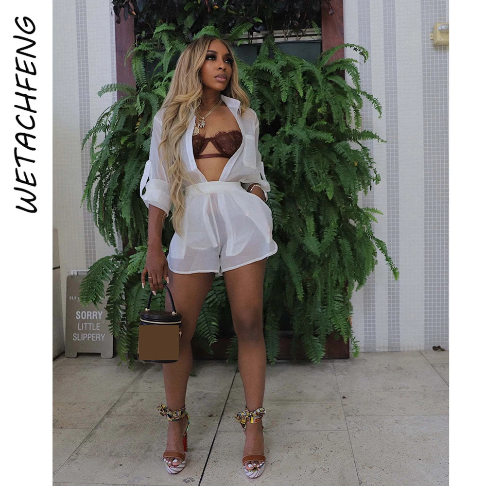 

White Sexy Perspective Chiffon Long Sleeve Shorts Two Piece Sets 2024 Summer Beach Elegant Streetwear Blouses Matching Suits