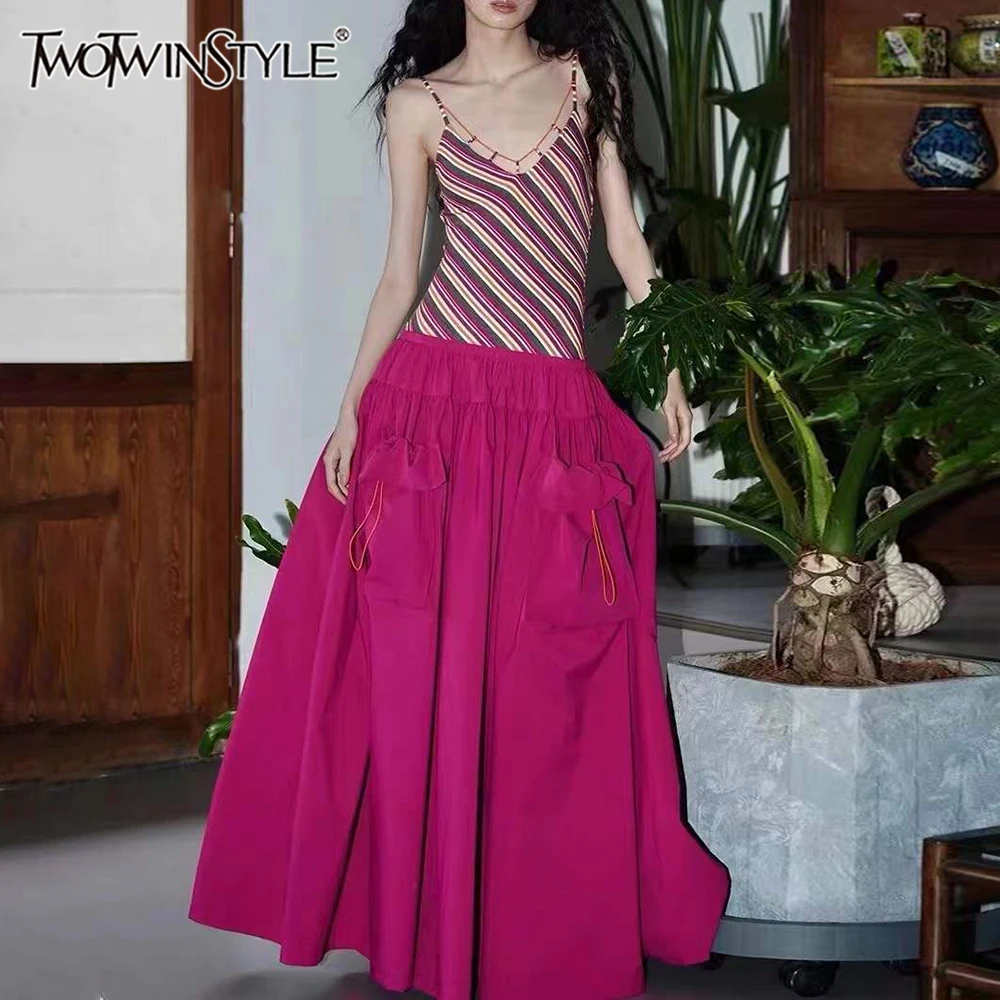 

TWOTWINSTYLE Hit Color Slimming Spliced Striped Fashion Dresses for Women V Neck Sleeveless Patchwork Pockets Long Dress Female