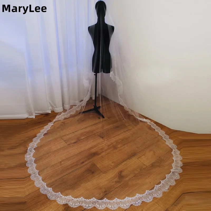 

Свадебная фата на заказ с кружевной отделкой, 3 метра, однослойная, длинная, для церемоний, свадебные аксессуары, Velo de Novia