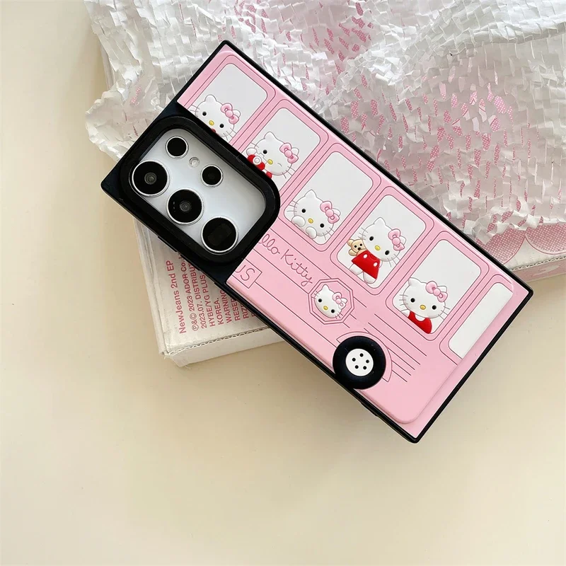 3D Cute Cartoon Sanrio Hello Kitty Bus Phone Case For Samsung Galaxy S 24 Ultra 23 Ultra S24 Puls Shockproof Hard Leather Cover