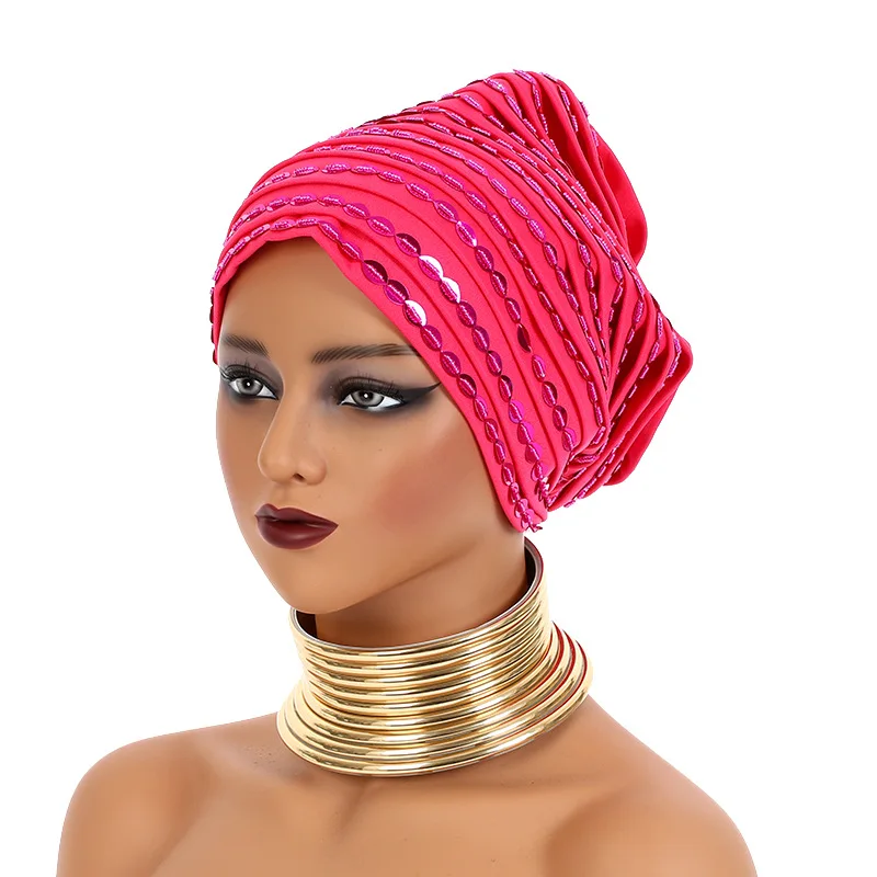 Women Sequin Turban Hat Beaded Stretch Head Wrap Bonnet Ladies Muslim Headscarf Soft Elastic Pleated African Headwear Party Cap