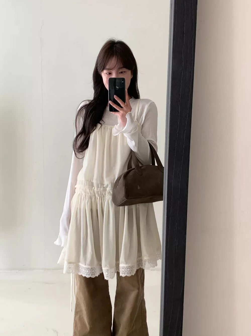 

Spring 2026 New Style Dongdaemun Atmosphere Sense Lace Velvet Belted Loose Strap Dress Korean Style High Waist Casual Dress