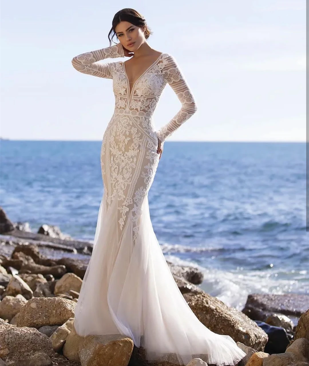 

V-Neck Sexy Wedding Dresses 2024 Backless Bridal Gowns Long Sleeve Mermaid Elegant Floor-Length Tulle Applique Vestidos De Novia