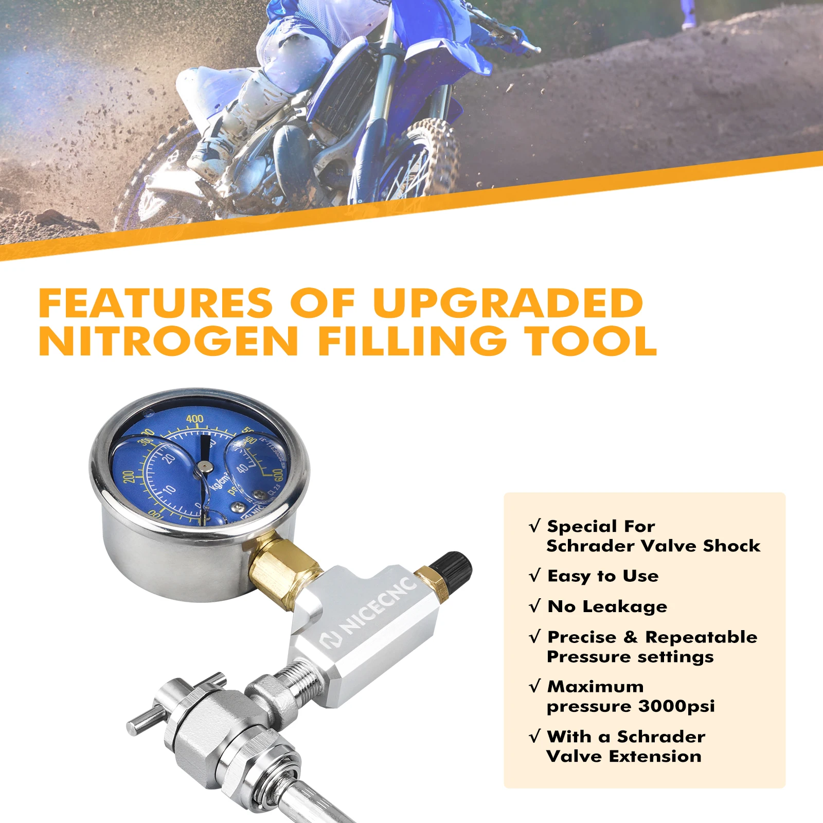 

600PSI Nitrogen Filling Tool Kit Schrader Valve Shock ATV UTV For Yamaha Raptor 700 YZX Polaris RZR CanAm Arctic Cat Snowmobile