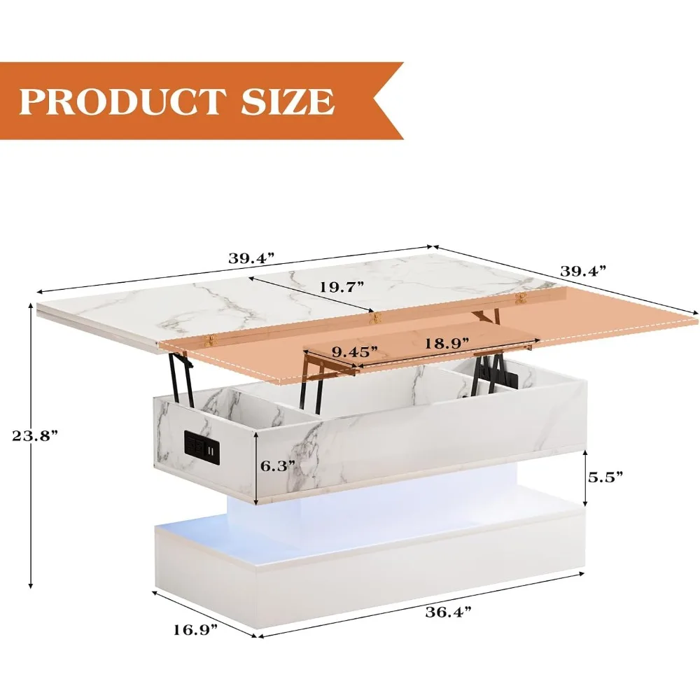 Modern High Gloss Lift Top Coffee Table with LED Lights, Adjustable Height, Charging Station, White