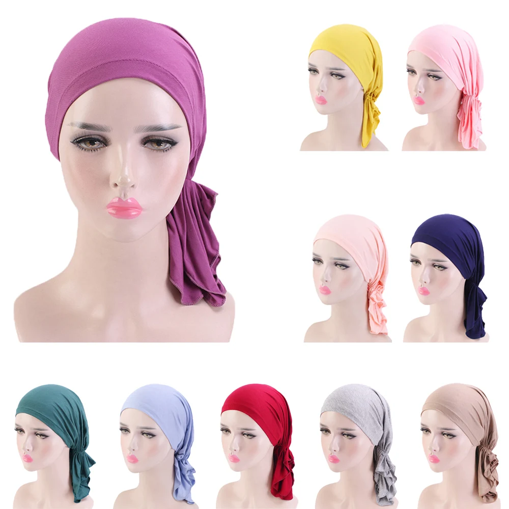 Women Muslim Inner Hat Hijab Beanies Turbante Chemo Caps Pre-Tied Cancer Elastic Bonnet Headwear Bandana Hair Accessories Mujer