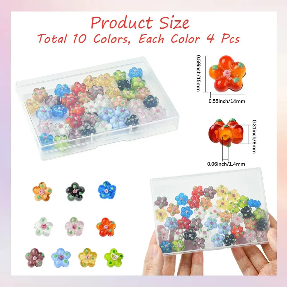 

40Pcs 10 Colors Handmade Lampwork Beads Bumpy Flower Mixed Color 13.5~14x14.5~15x7~8mm Hole: 1.4mm 4pcs/color