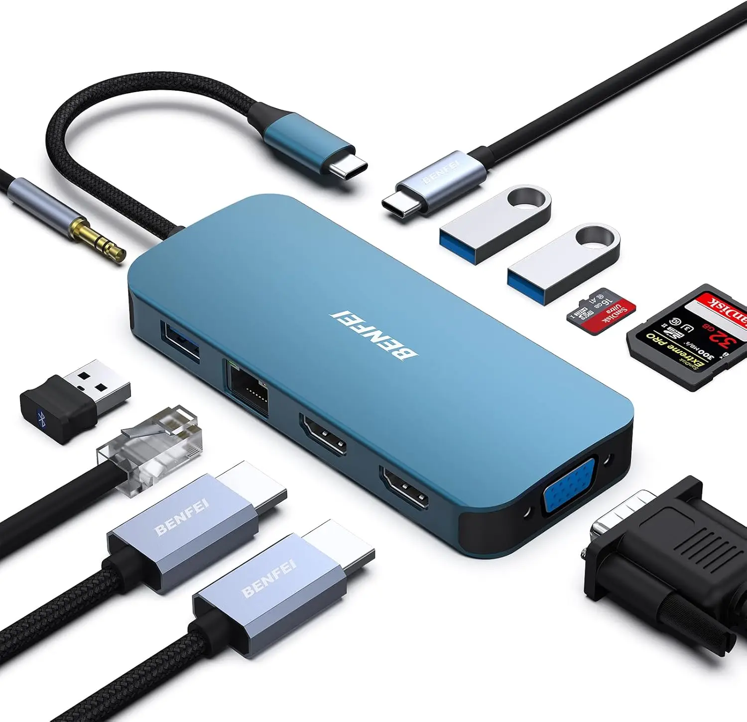 

11-in-1 USB C Hub with Triple Display, Dual HDMI, VGA, 3 USB 3.0 Ports, Ethernet, PD Charging for MacBook XPS Surface