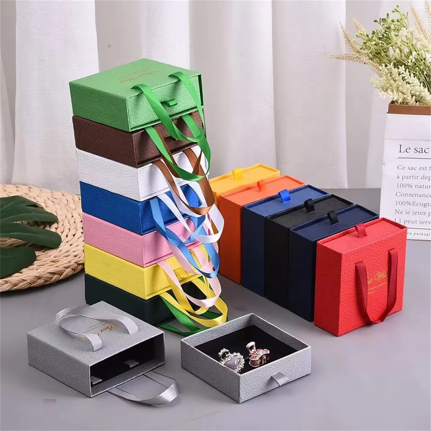 Sliding Custom Logo Organizer Luxury Gift Jewelry Boxes Lychee Pattern Paper Packaging Ring Box Earring Necklace Bracelet Case