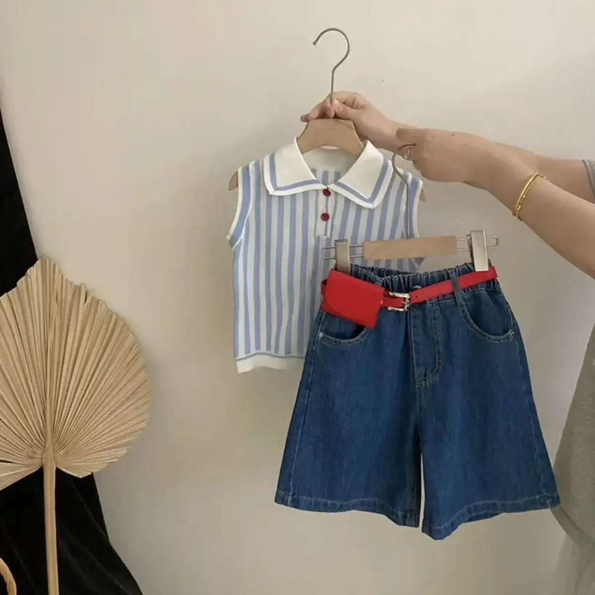 Girls' Set 2026 Summer New Style Children's Stylish Striped Polo Shirt+Cowboy Shorts Two Piece Set