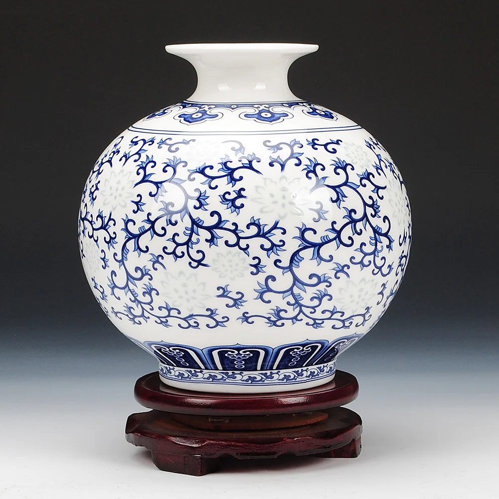 

Vase ceramics blue and white bone china thin small with base retro flower arrangement simple modern Chinese livingroomdecoration