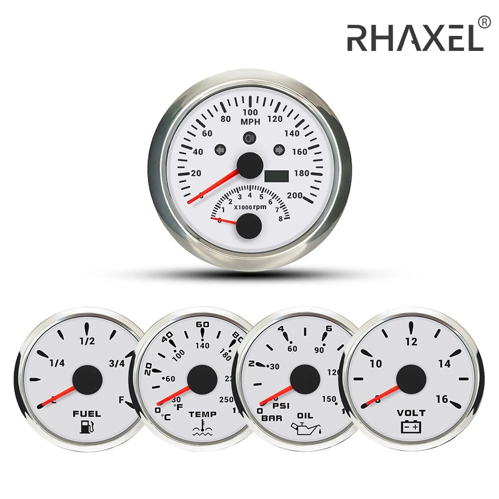 RHAXEL 5 Gauge Set 85mm Speedometer GPS 120 200 MPH with Tachometer Fuel Level Water Temp. Oil Pressure Voltmeter 12V for Auto