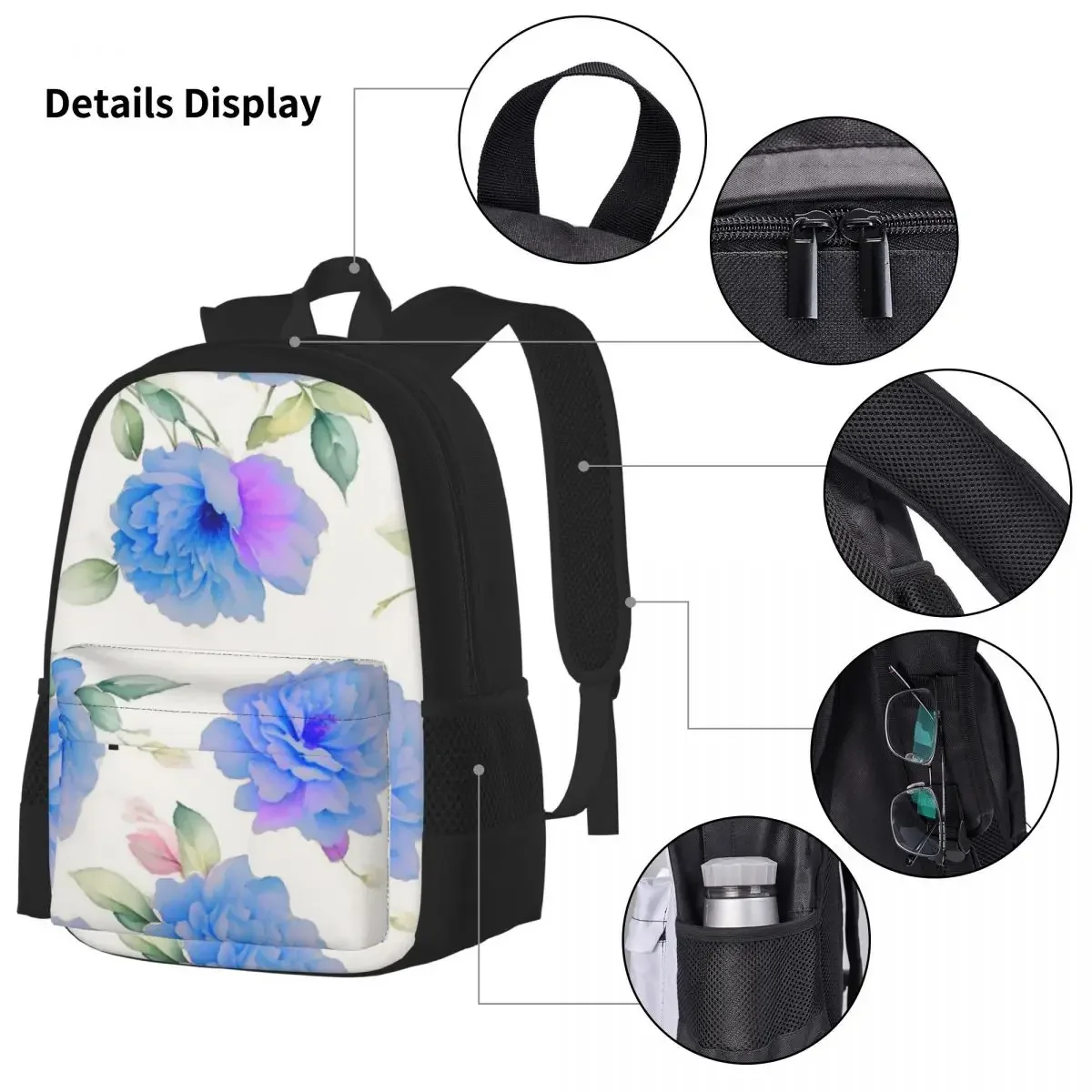 Romantic Vintage Blue Lavender Lilac Pink Flowers Floral Backpacks Bookbag School Bag Rucksack Lunch Bag Pen Bag Three-Piece Set