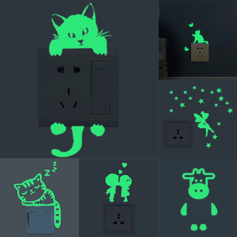 Lichtgevende Cartoon Schakelaar Sticker Glow in the Dark Cat Sticker Fluorescerende Fairy Moon Stars Sticker Kinderkamer Decoratie