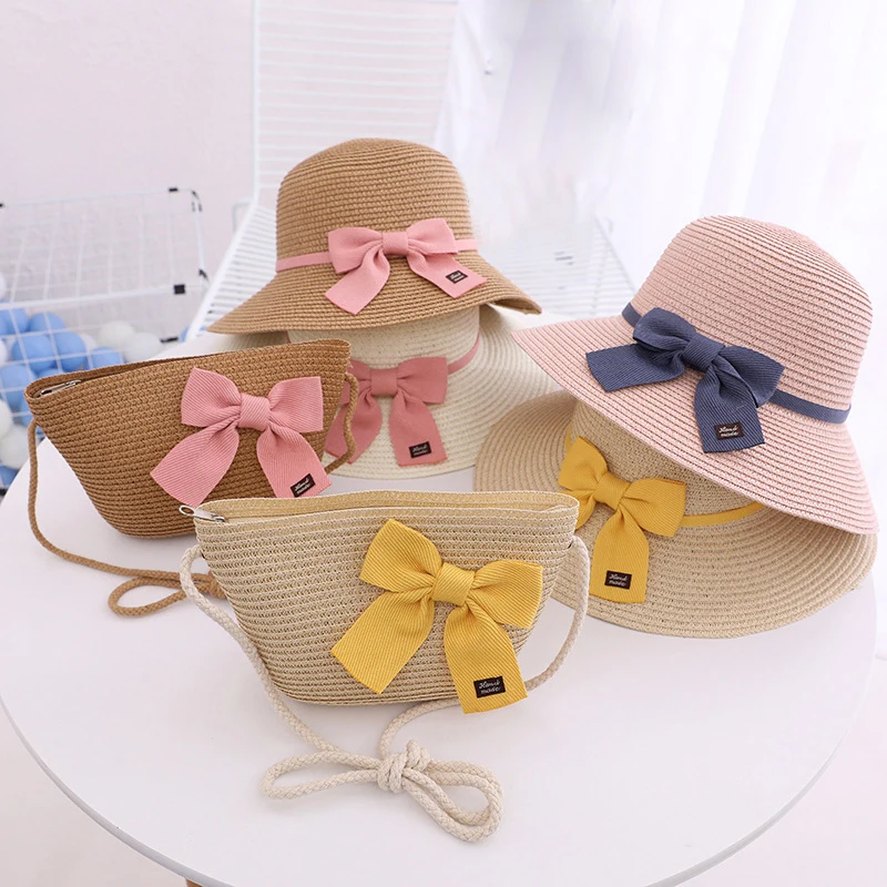 Women Girls Hat Summer Sun Protection Bucket Hat Straw Floppy Bow Tie For Girl Baby Mom Parent-Child Cap Crossbody Bag Wholesale