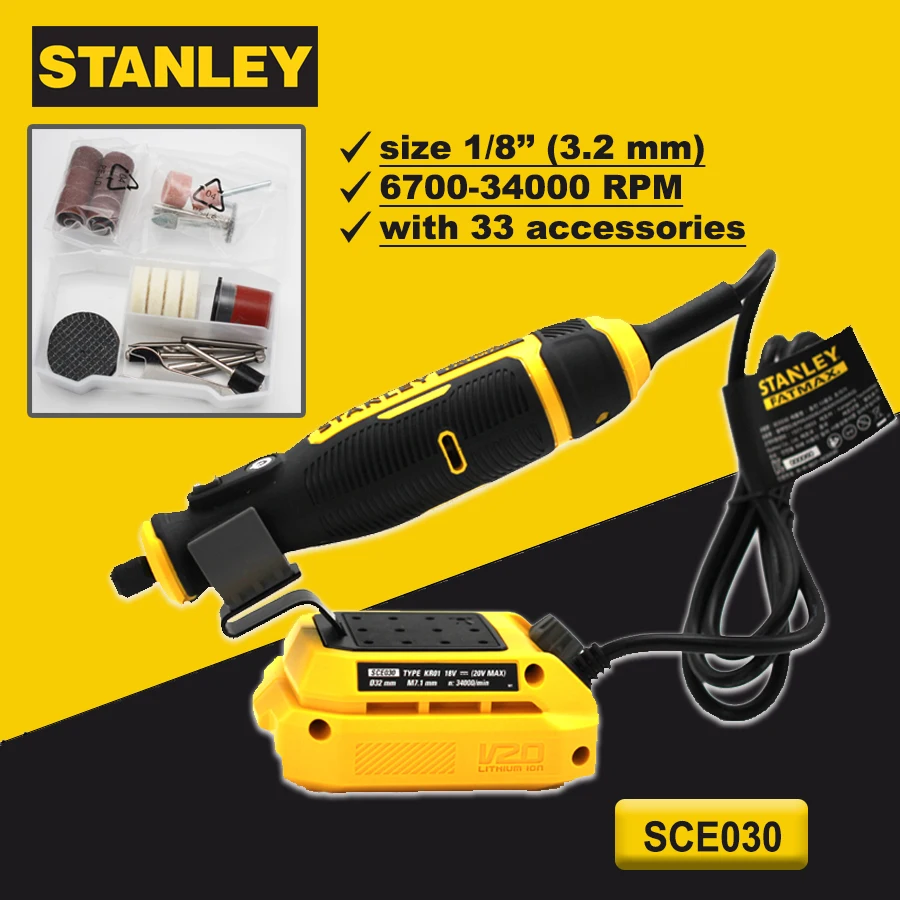 STANLEY SCE030 20V Lithium Mini Grinder Set 33PCS Electric Mill Rechargeable & Speed Multifunctional Polisher Electric Drill Kit