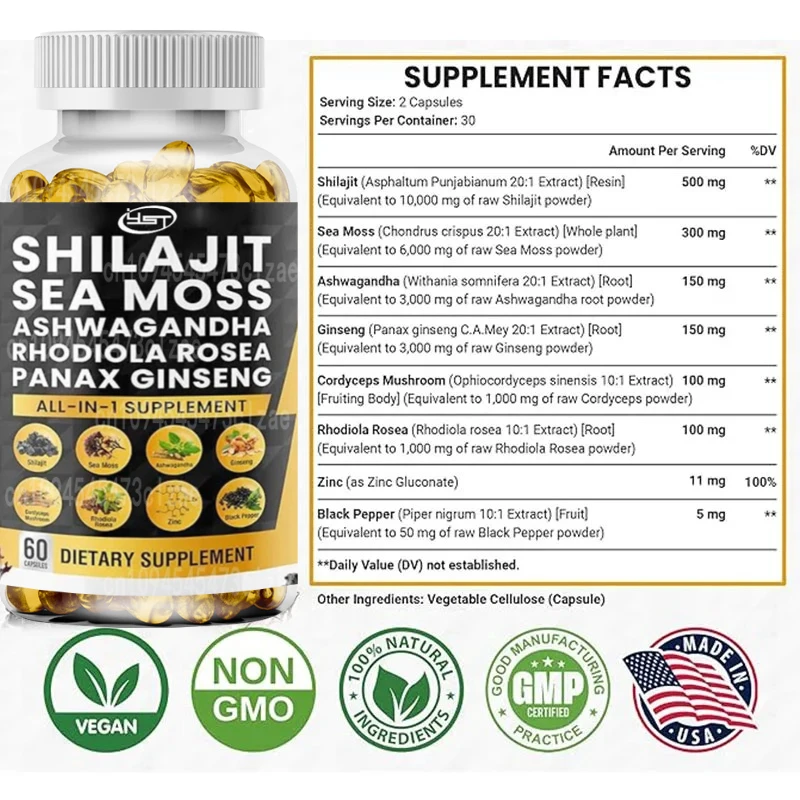 Shilajit Pure Himalayan Organic Sea Moss Panax Ginseng Cordyceps Rhodiola Rosea Zinc, Fulvic Acid & Trace Minerals