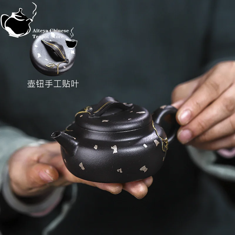 

Китайский чайник, коллекция фиолетовых глиняных горшков ручной работы Исин, черная Роланд, золотые ветки, нефритовые листья, чайный сервиз кунг-фу, 150 мл