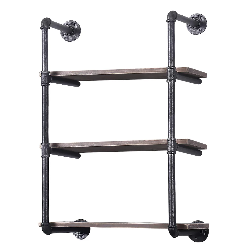 

Wall-mounted Vintage Black Book Shelf Industrial Shelving Hanging Bookshelf Metal Bracket, 3-Tier with Board
