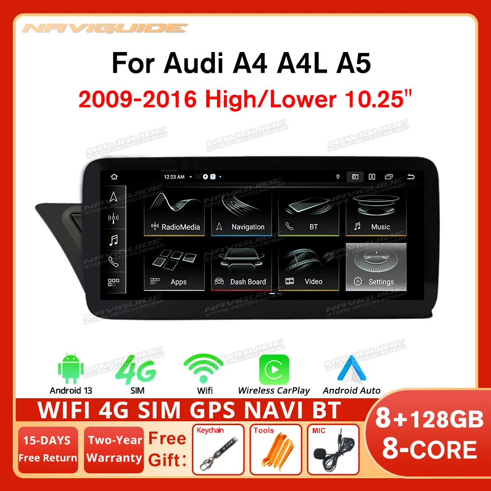 

NAVIGUIDE 10.25INCH Android 12 For Audi A4 A4L A5 LHD RHD 2009-2016 Car Radio 8+128G Stereo Bluetooth Carplay Multimedia Player