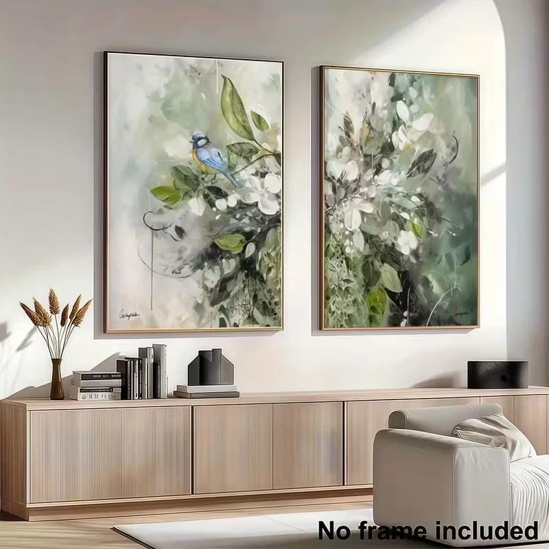 

2pcs Abstract Green Wildflowers and Bluebird Flowers, Retro Canvas Posters, Modern and Simple Living Room Home Decoration
