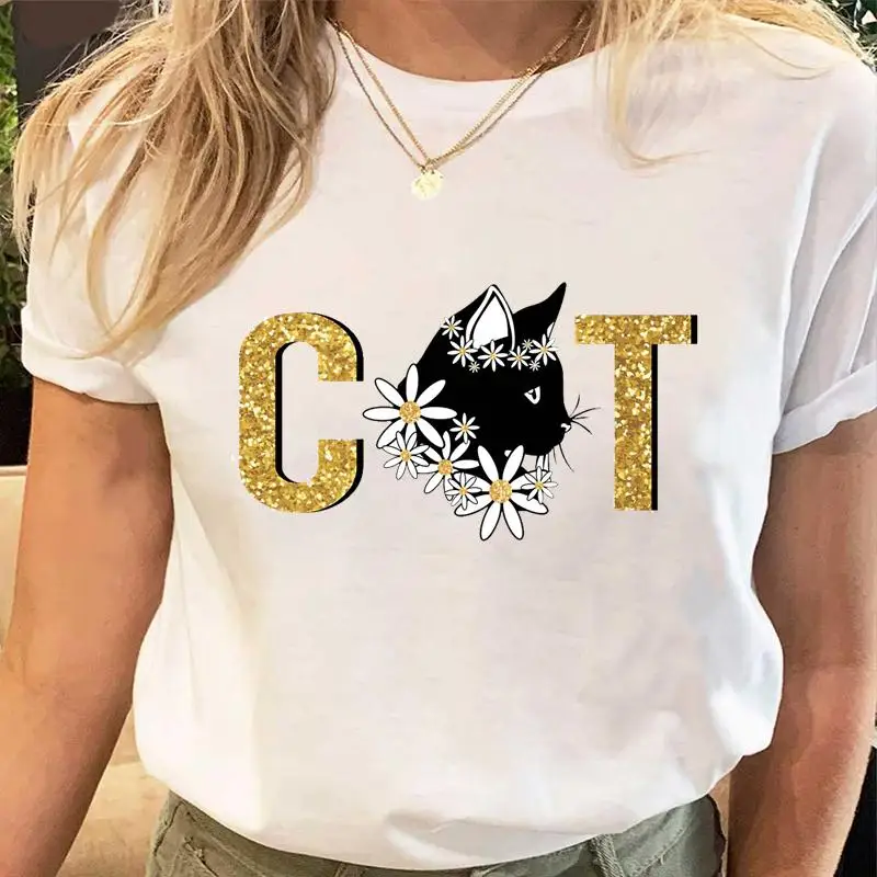 Women Print Tees Tshirt Female Clothes Regular Short Sleeve Tops Cat Simple Cute Print Ladies Fashion Cartoon Graphic T-Shirt