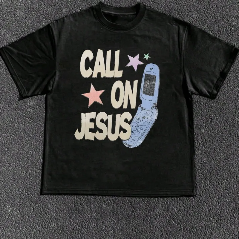 Men's Casual Fashion Letter and Mobile Cartoon Pattern Print Summer New Arrival Unisex Streetwear T-Shirt