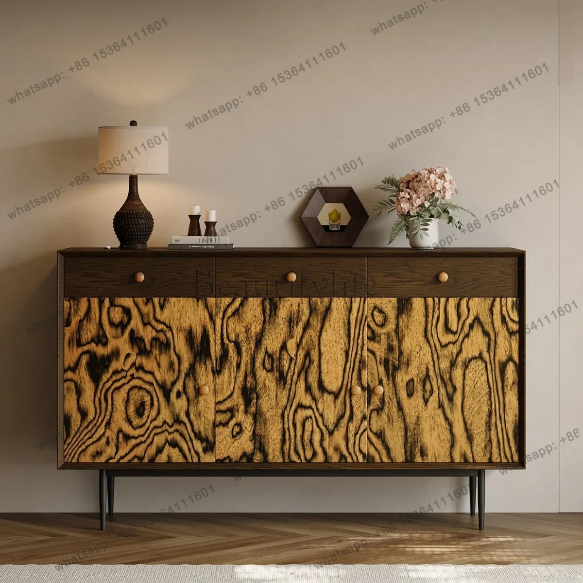solid wood dining side cabinet, living room household spade veneer storage cabinet, light luxury and high-end sense