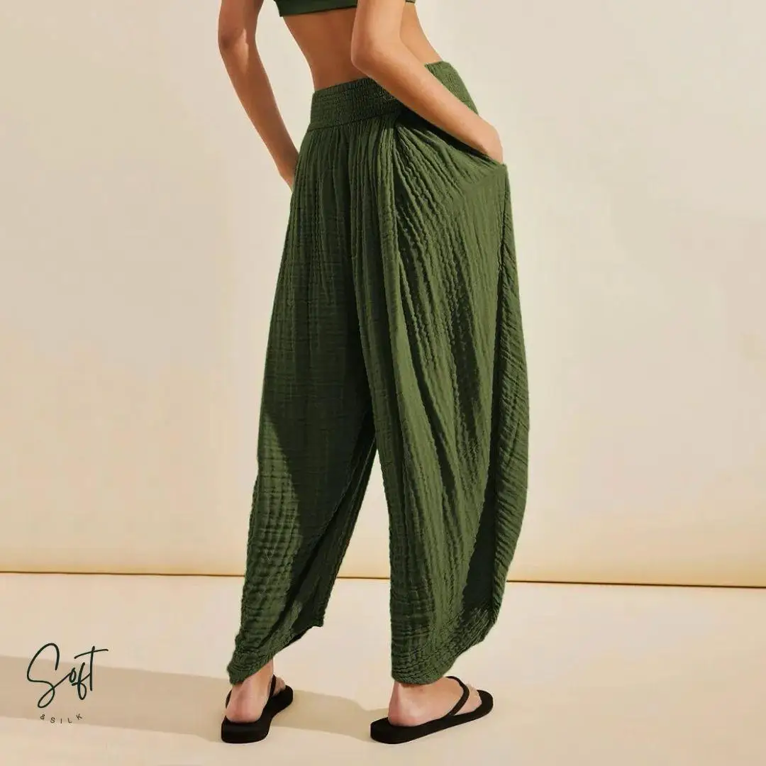 ارتفاع الخصر القطن المرأة السراويل مريحة عارضة واسعة الساق السراويل الربيع Faion تخفيف Sle كيت التفاصيل