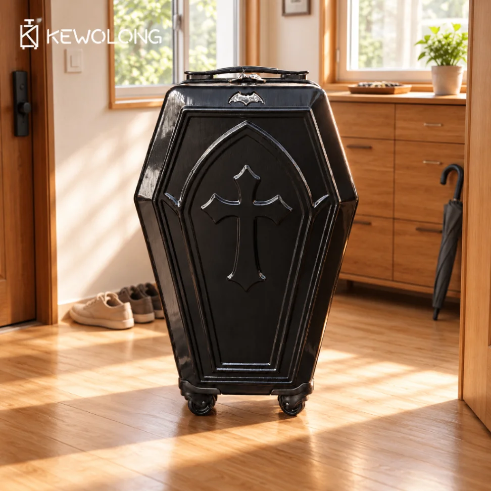 Vampire Coffin Prop Halloween Party Decoration Gothic Coffin Case with Wheels Bat Cross Cosplay Photo Prop Horror Trunk
