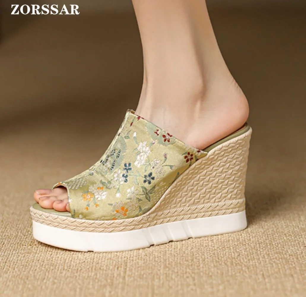 Summer Ladies Slippers New Fashion Embroidery Platform Wedge Women's Sandals 2024 Designer High Heel Sandals Open Toe Shoes